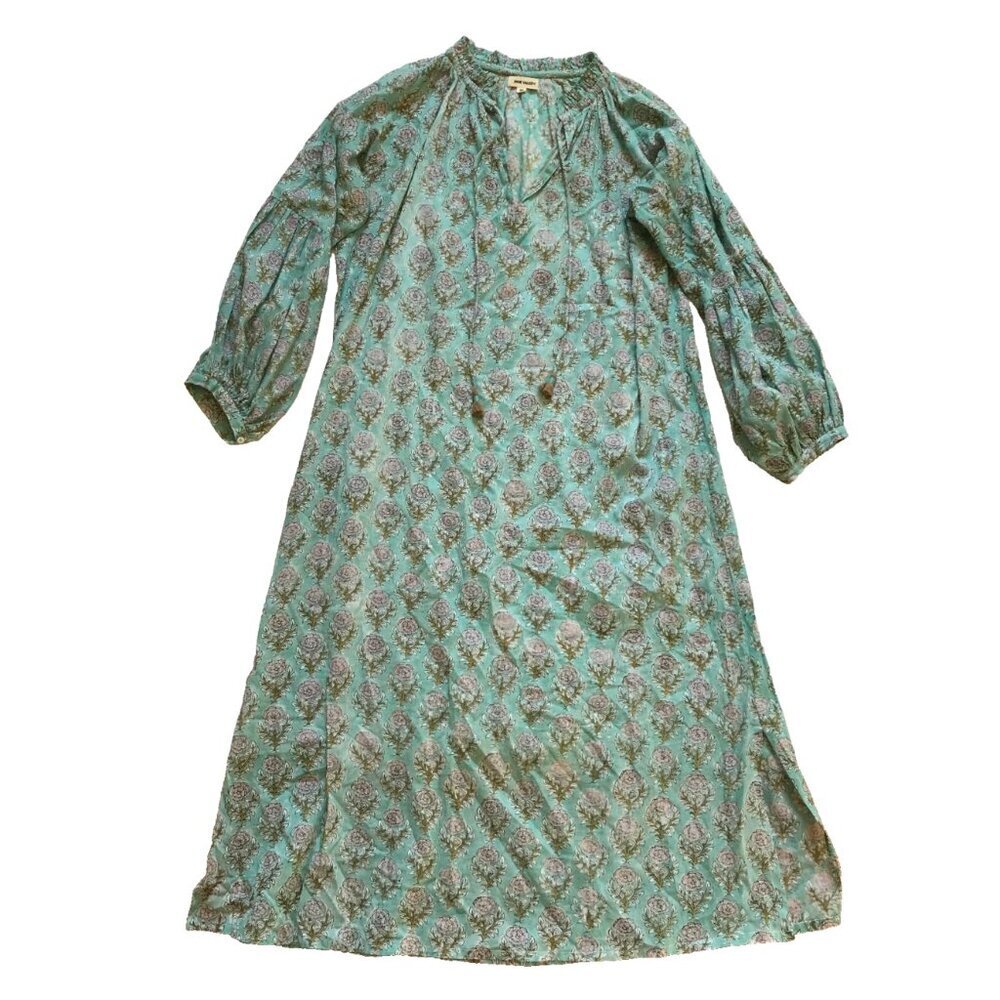 Jane Valken Midi Shift Dress Womens Medium Green White Floral Cotton Long Sleeve